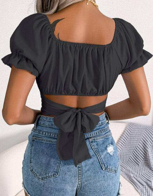 Load image into Gallery viewer, Square Neck Crisscross Flounce Sleeve Cropped Top
